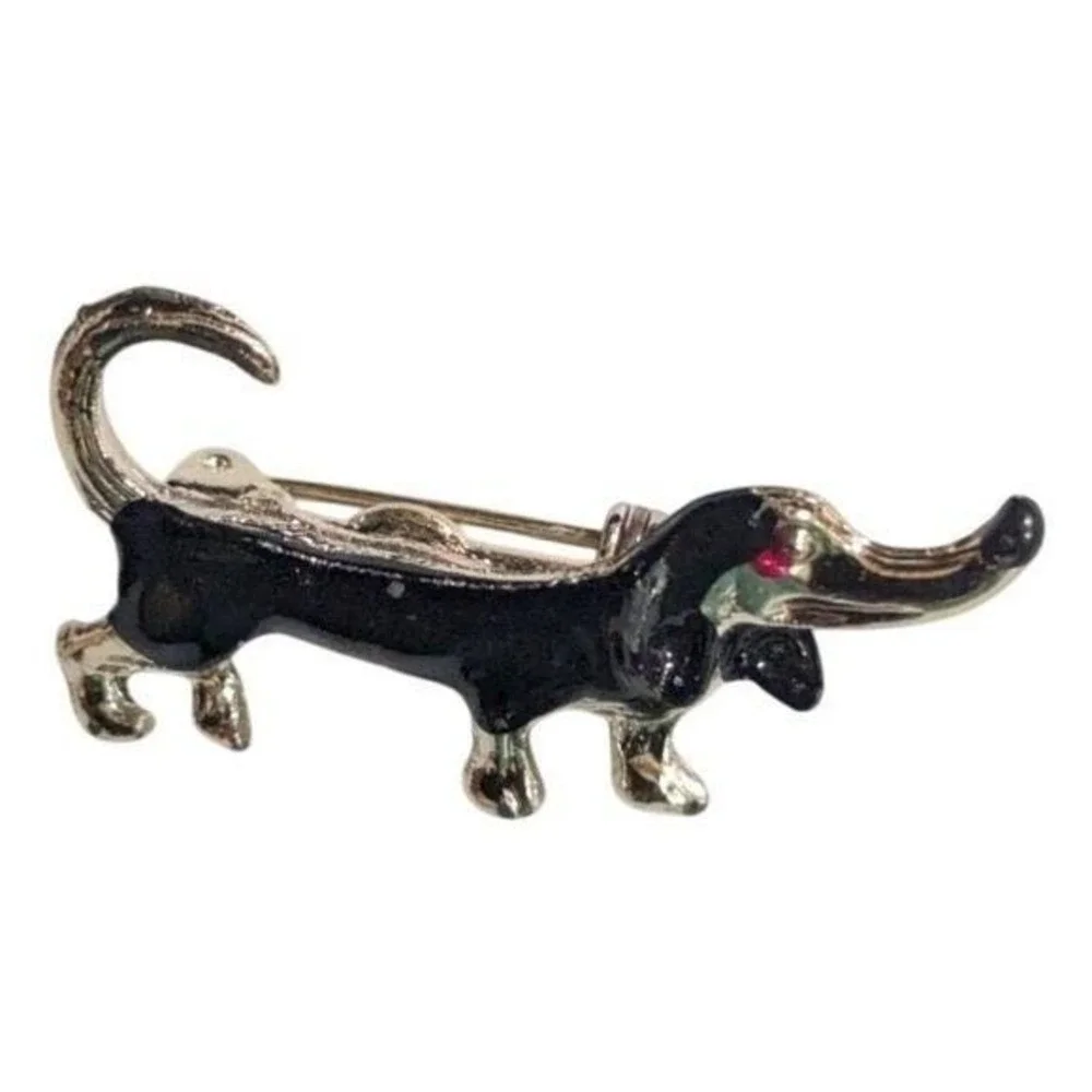 Vintage Black Enamel Dachshund Dog Brooch Gold Tone Red Eye Wiener Dog Pin